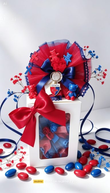 Bomboniere artigianalli fatti a mano Confezione regalo con decorazioni rosse, blu e bianche, contenente dolci e stelle.